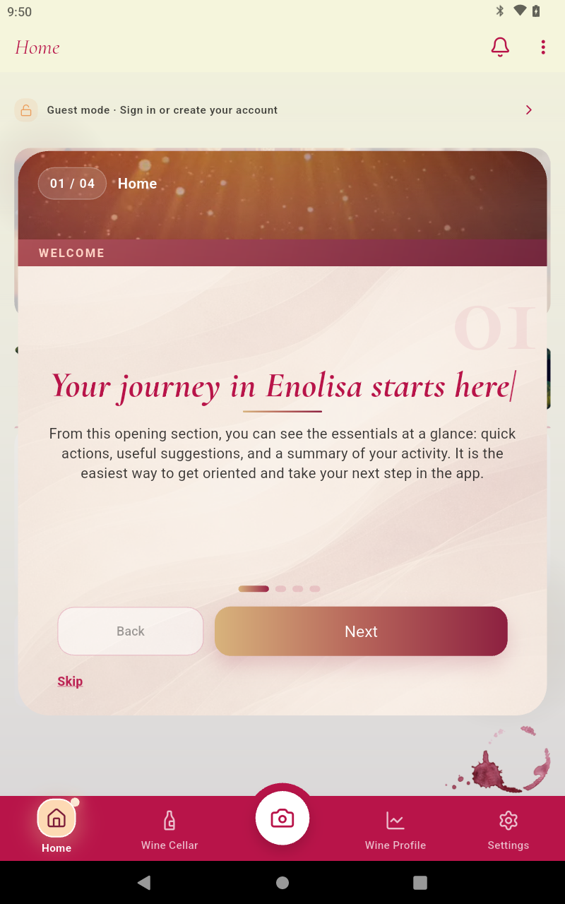 Nuova guida di benvenuto di Enolisa sovrapposta alla navigazione reale dell’app