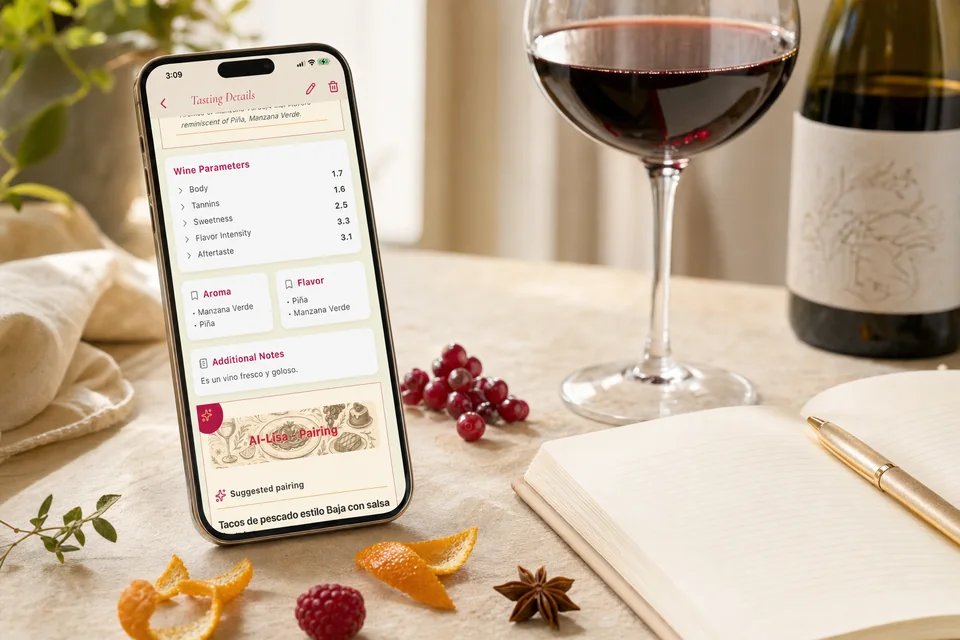 Real Enolisa screens showing the tasting journal and wine parameters